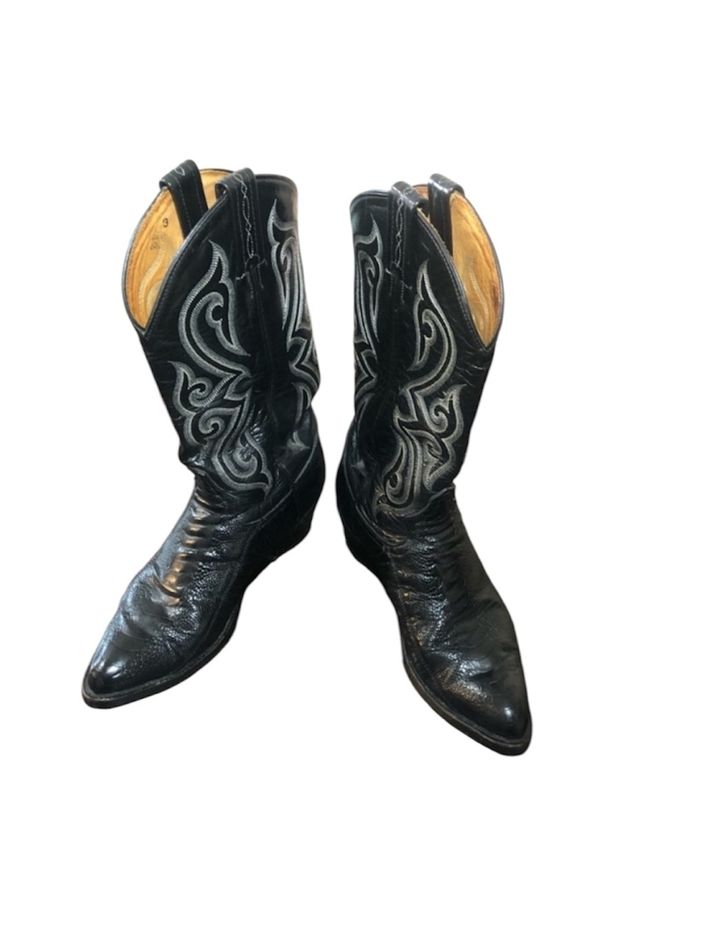 TONY LAMA Black Leather Ostrich White Embroidery Cowboy Leg Boots 7.5 D USA made